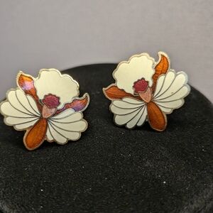 Vintage Cloisonne Floral Enamel Earrings - Cream and Orange Clip On
